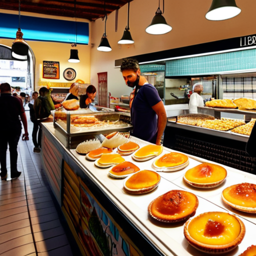 **Prompt:** Lively scene inside Time Out Market Lisboa, showcasing diverse food stalls with fresh seafood, Pastel de Nata, and locals enjoying various dishes, vibrant and colorful atmosphere.