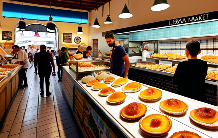 **Prompt:** Lively scene inside Time Out Market Lisboa, showcasing diverse food stalls with fresh seafood, Pastel de Nata, and locals enjoying various dishes, vibrant and colorful atmosphere.