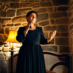 A professional Fado singer, a woman in her 40s, stands gracefully on a small stage in a traditional, intimate Fado house in Lisbon. She wears a modest, elegant black dress, fully clothed, with professional dress. Her posture is poised and expressive, conveying a sense of profound, bittersweet longing and deep emotion. The background features rustic stone walls and the soft glow of a few traditional lamps, with a single, ancient guitar resting nearby. Soft, warm light illuminates the scene. Correct proportions, perfect anatomy, natural pose, well-formed hands, proper finger count, natural body proportions, professional photography, high quality, safe for work, appropriate content, family-friendly.