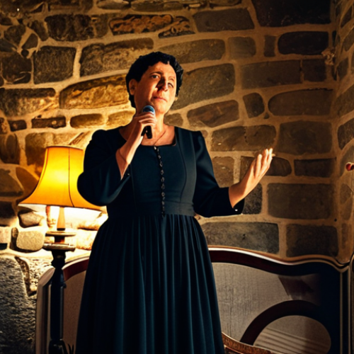 Home 14 A professional Fado singer, a woman in her 40s, stands gracefully on a small stage in a traditional, intimate Fado house in Lisbon. She wears a modest, elegant black dress, fully clothed, with professional dress. Her posture is poised and expressive, conveying a sense of profound, bittersweet longing and deep emotion. The background features rustic stone walls and the soft glow of a few traditional lamps, with a single, ancient guitar resting nearby. Soft, warm light illuminates the scene. Correct proportions, perfect anatomy, natural pose, well-formed hands, proper finger count, natural body proportions, professional photography, high quality, safe for work, appropriate content, family-friendly.