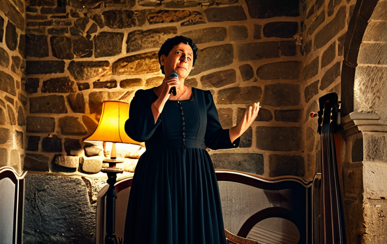 A professional Fado singer, a woman in her 40s, stands gracefully on a small stage in a traditional, intimate Fado house in Lisbon. She wears a modest, elegant black dress, fully clothed, with professional dress. Her posture is poised and expressive, conveying a sense of profound, bittersweet longing and deep emotion. The background features rustic stone walls and the soft glow of a few traditional lamps, with a single, ancient guitar resting nearby. Soft, warm light illuminates the scene. Correct proportions, perfect anatomy, natural pose, well-formed hands, proper finger count, natural body proportions, professional photography, high quality, safe for work, appropriate content, family-friendly.