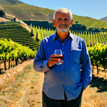 A professional Portuguese winemaker, fully clothed in a modest, traditional yet refined work shirt and trousers, stands confidently in a sun-drenched terraced vineyard. They hold a small, ripe bunch of deep red Touriga Nacional grapes, inspecting them carefully. In the background, the iconic schist slopes of the Douro Valley are visible, with a subtle hint of both old granite lagares and modern stainless steel tanks, symbolizing tradition meeting innovation. The lighting is warm golden hour, emphasizing the rich colors of the grapes and the landscape. safe for work, appropriate content, fully clothed, professional, perfect anatomy, correct proportions, natural pose, well-formed hands, proper finger count, natural body proportions, professional photography, high quality, authentic, rich detail.