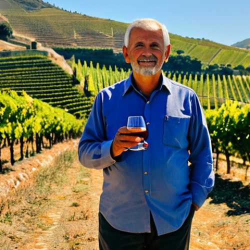 Home 7 A professional Portuguese winemaker, fully clothed in a modest, traditional yet refined work shirt and trousers, stands confidently in a sun-drenched terraced vineyard. They hold a small, ripe bunch of deep red Touriga Nacional grapes, inspecting them carefully. In the background, the iconic schist slopes of the Douro Valley are visible, with a subtle hint of both old granite lagares and modern stainless steel tanks, symbolizing tradition meeting innovation. The lighting is warm golden hour, emphasizing the rich colors of the grapes and the landscape. safe for work, appropriate content, fully clothed, professional, perfect anatomy, correct proportions, natural pose, well-formed hands, proper finger count, natural body proportions, professional photography, high quality, authentic, rich detail.