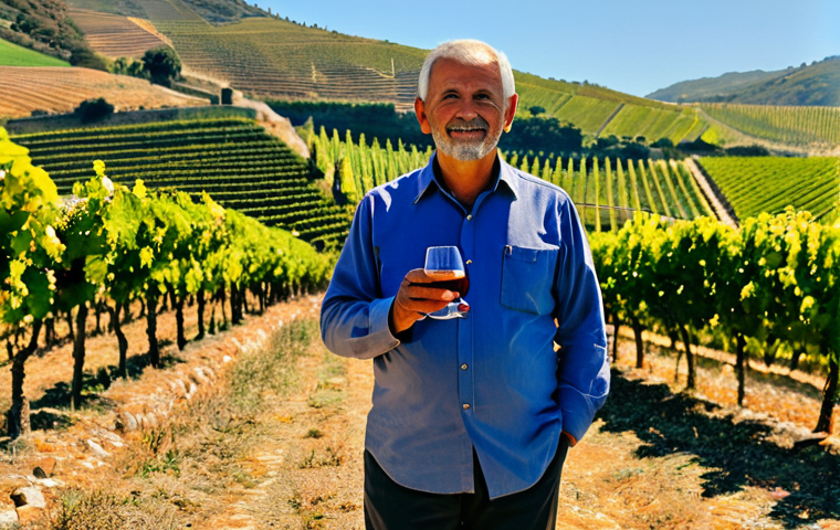 A professional Portuguese winemaker, fully clothed in a modest, traditional yet refined work shirt and trousers, stands confidently in a sun-drenched terraced vineyard. They hold a small, ripe bunch of deep red Touriga Nacional grapes, inspecting them carefully. In the background, the iconic schist slopes of the Douro Valley are visible, with a subtle hint of both old granite lagares and modern stainless steel tanks, symbolizing tradition meeting innovation. The lighting is warm golden hour, emphasizing the rich colors of the grapes and the landscape. safe for work, appropriate content, fully clothed, professional, perfect anatomy, correct proportions, natural pose, well-formed hands, proper finger count, natural body proportions, professional photography, high quality, authentic, rich detail.