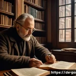 Home 21 포르투갈 작가 주제 사라마구 - A thoughtful middle-aged man sitting in a cozy, dimly lit European library filled with old books, en...