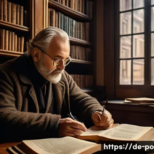 Home 33 포르투갈 작가 주제 사라마구 - A thoughtful middle-aged man sitting in a cozy, dimly lit European library filled with old books, en...