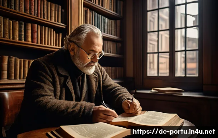 포르투갈 작가 주제 사라마구 - A thoughtful middle-aged man sitting in a cozy, dimly lit European library filled with old books, en...