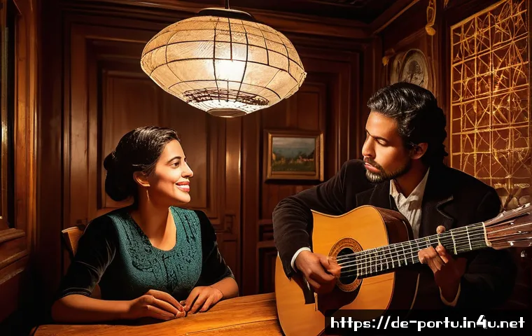 포르투갈 파두 음악 기원 - A traditional Portuguese Fado scene inside a cozy Lisbon tavern at night, featuring a female Fado si...