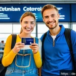 Home 19 포르투갈 입국 비자 정보 - A cheerful German tourist couple at Lisbon airport border control, holding valid passports and ETIAS...