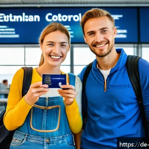 Home 31 포르투갈 입국 비자 정보 - A cheerful German tourist couple at Lisbon airport border control, holding valid passports and ETIAS...