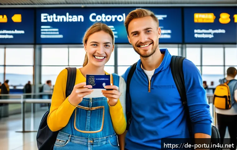 포르투갈 입국 비자 정보 - A cheerful German tourist couple at Lisbon airport border control, holding valid passports and ETIAS...