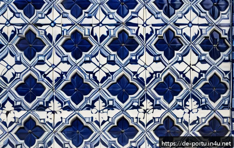 포르투갈 아줄레주 타일 역사 - A detailed close-up of traditional Portuguese azulejo tiles on a historic Lisbon church facade, show...