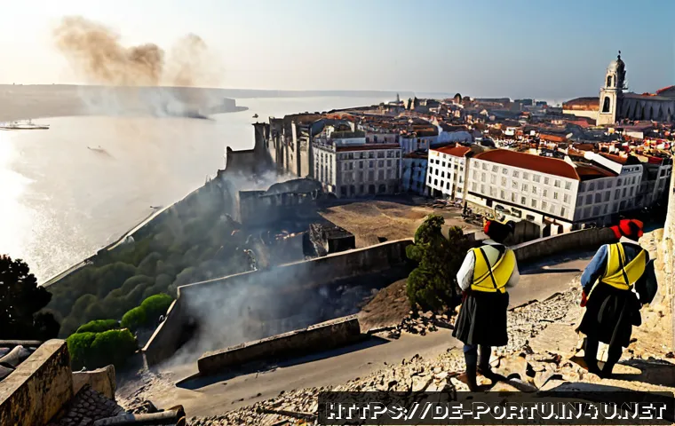 Home 17 포르투갈 여행 중 발생한 유명 사건 - Photorealistic historical reconstruction of the 1755 Lisbon earthquake aftermath, wide view from a h...