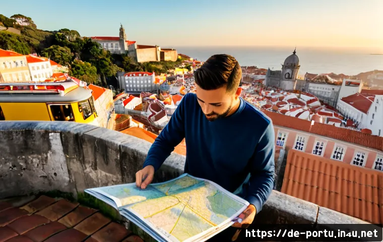 Home 17 리스본 여행 코스 추천 - Photorealistic Lisbon travel itinerary scene at sunrise, wide elevated view from a historic Alfama t...